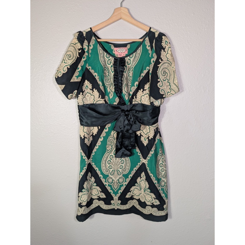 Phoebe Couture Women's 100% Silk Art To Waer Print Bow Tie Waist Dress Sz 12 123